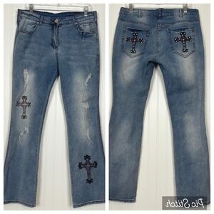 Cross Embroidered Flare Jeans Womens XL Blue Distressed Gothic Y2K Grunge Punk